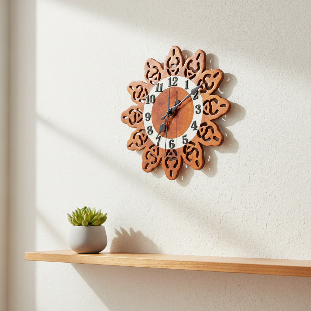 60 cutout wall clock maple stain – lifestyle